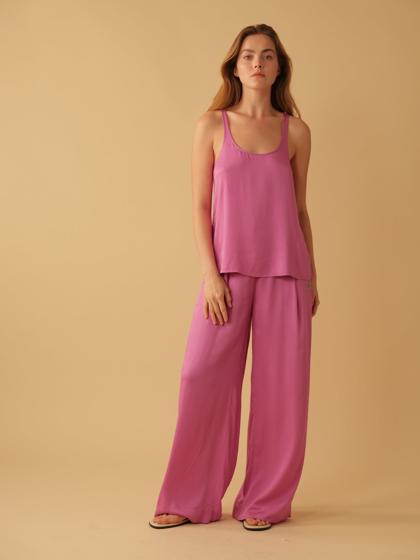 Fly Front Elastic Back Wide Leg Pants