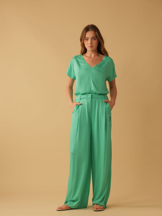 Fly Front Elastic Back Wide Leg Pants