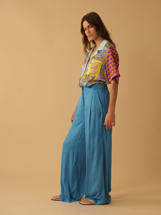Fly Front Elastic Back Wide Leg Pants