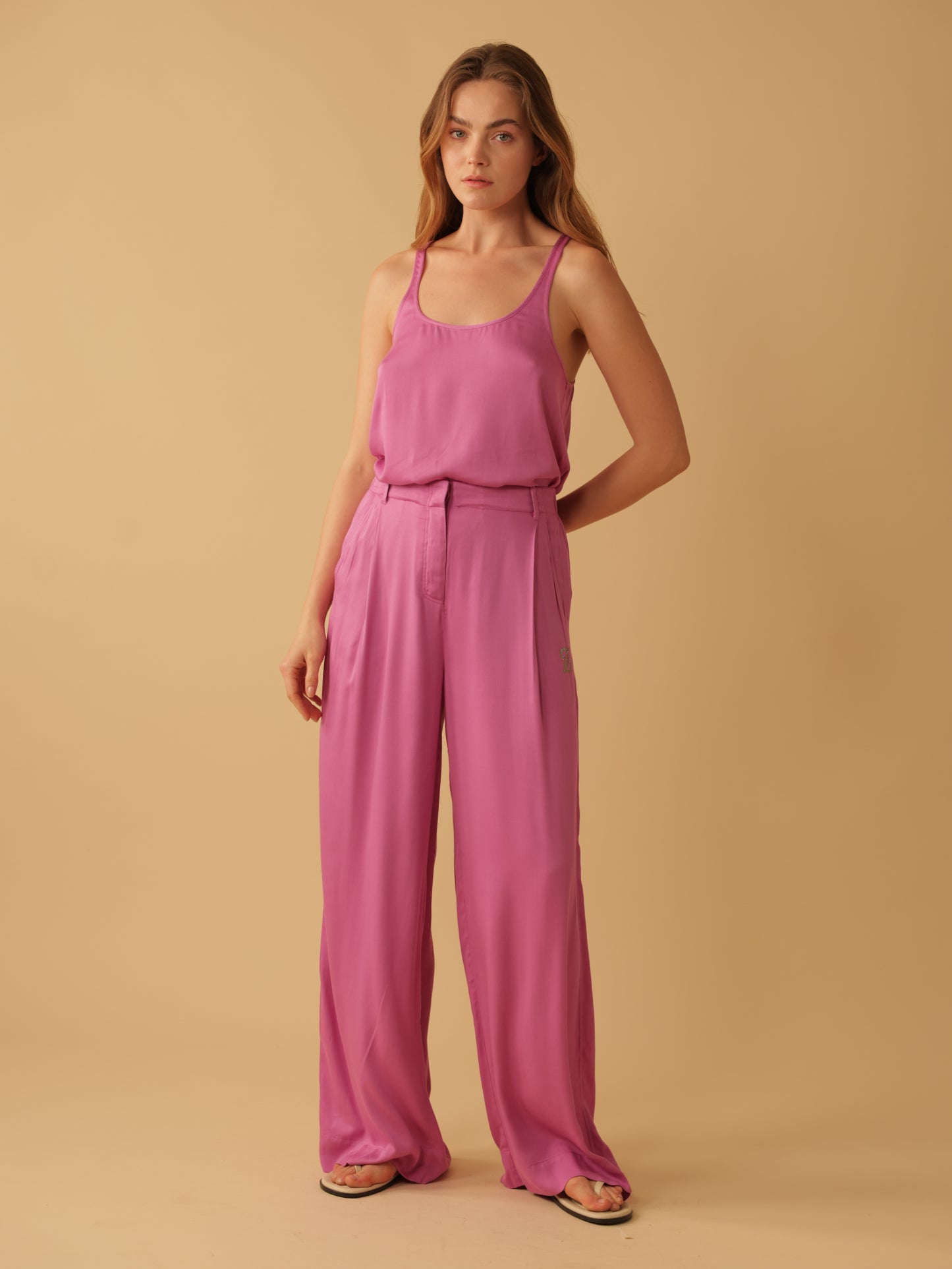 Fly Front Elastic Back Wide Leg Pants