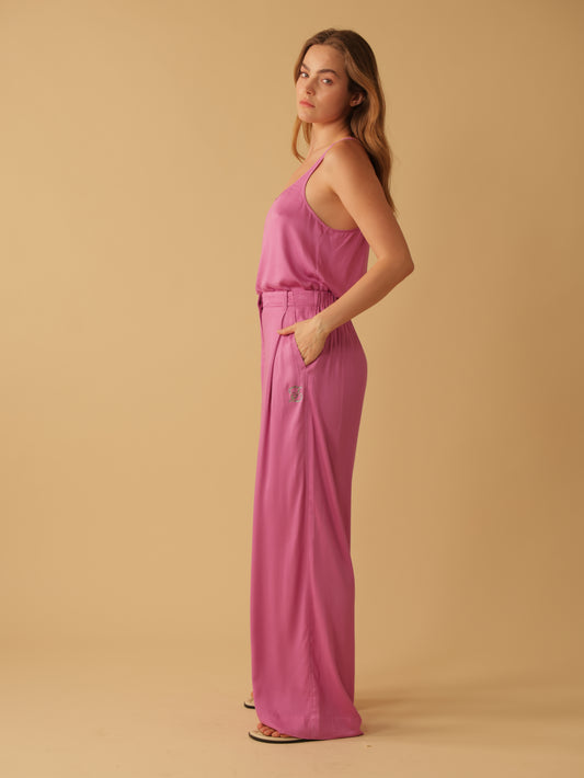 Fly Front Elastic Back Wide Leg Pants