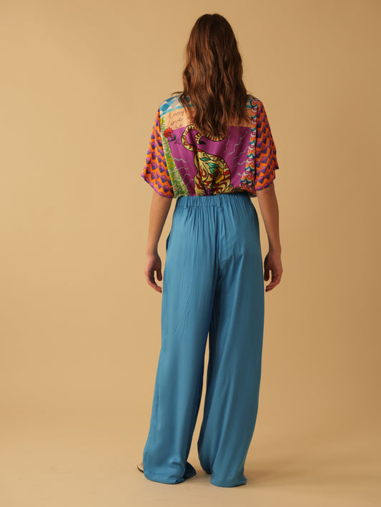 Fly Front Elastic Back Wide Leg Pants