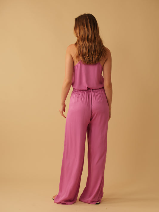 Fly Front Elastic Back Wide Leg Pants
