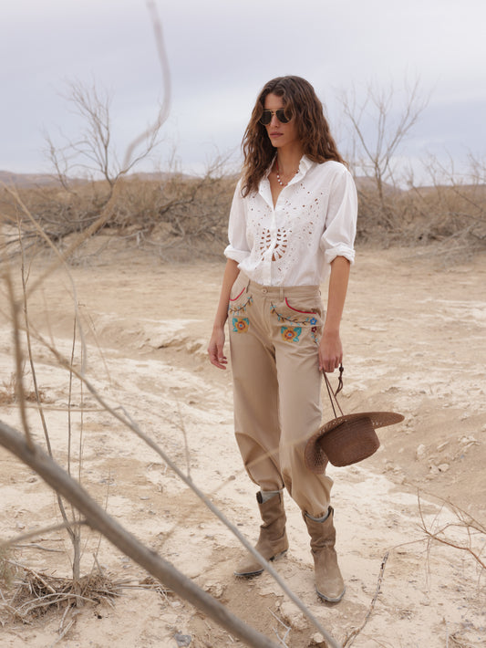 Embroidered five-pocket pants