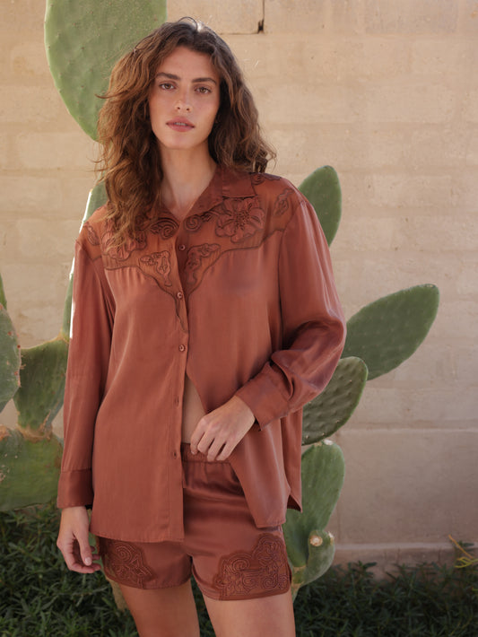 Short Embroidered Cupro Rubber Pants