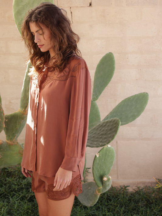 Short Embroidered Cupro Rubber Pants