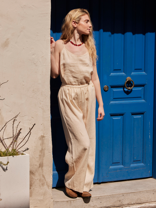 Linen wide leg rubber pants