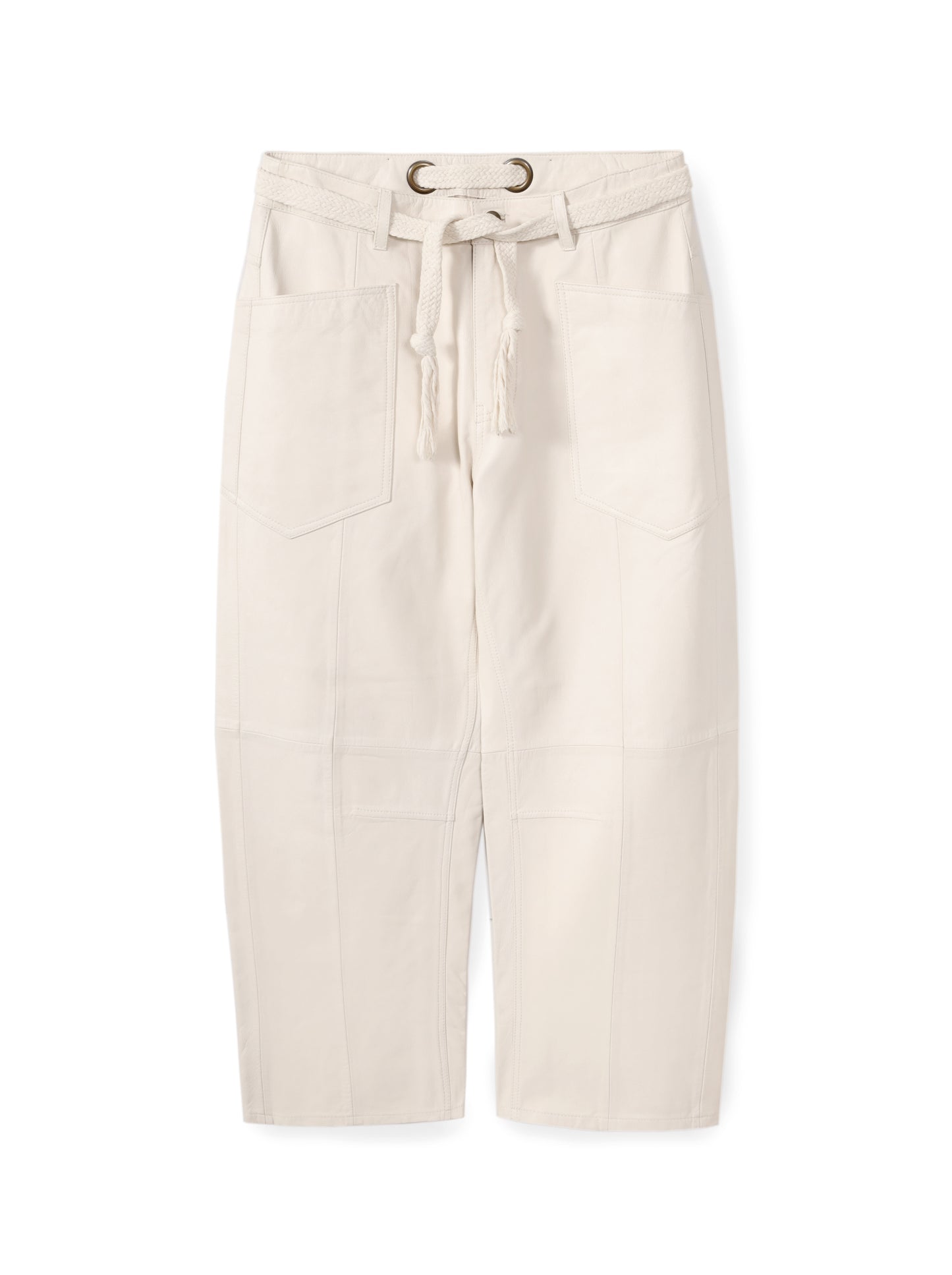 Belted barrel-leg leather trousers