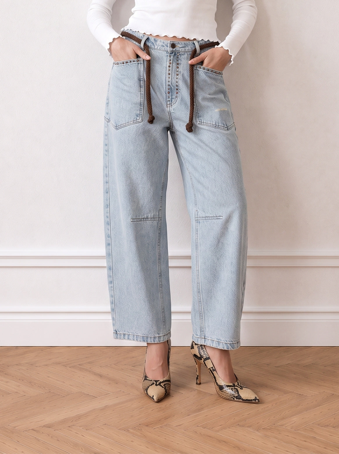 Studded barrel-leg jeans
