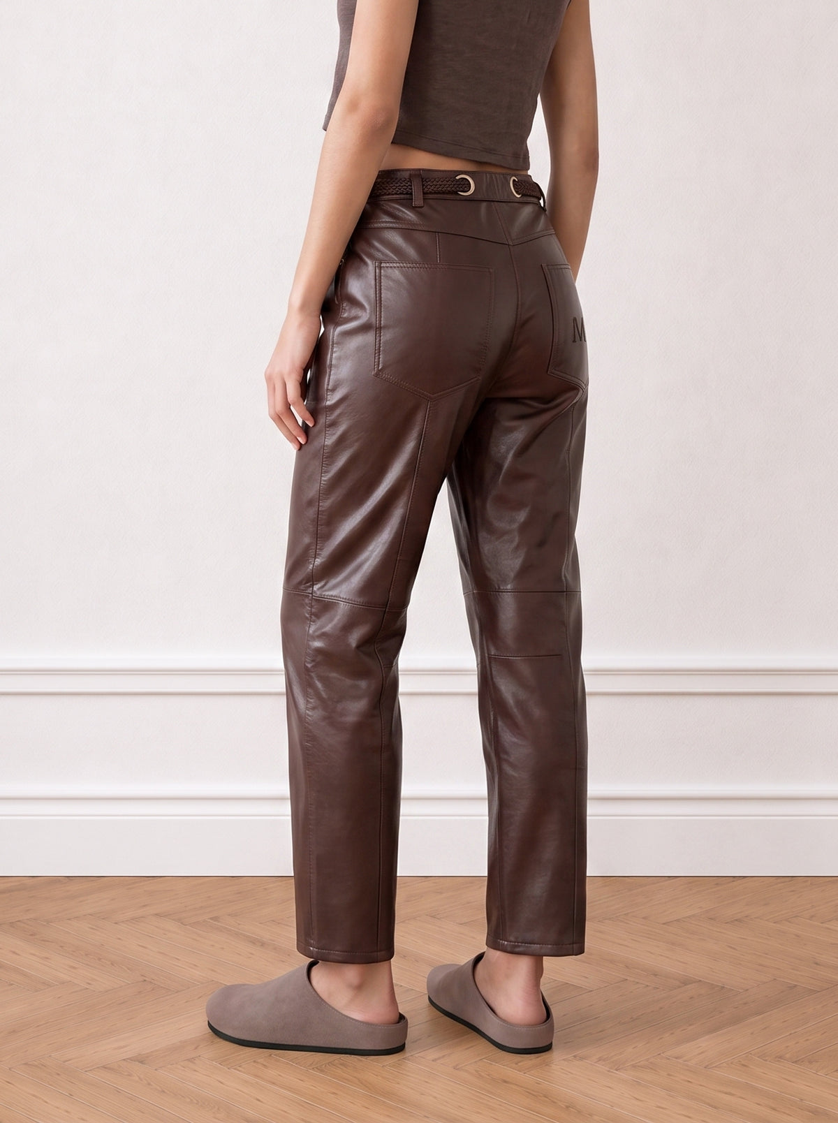 Belted barrel-leg leather trousers