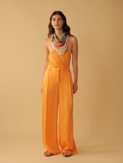 Fly Front Elastic Back Wide Leg Pants