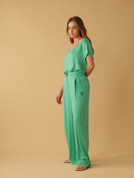 Fly Front Elastic Back Wide Leg Pants