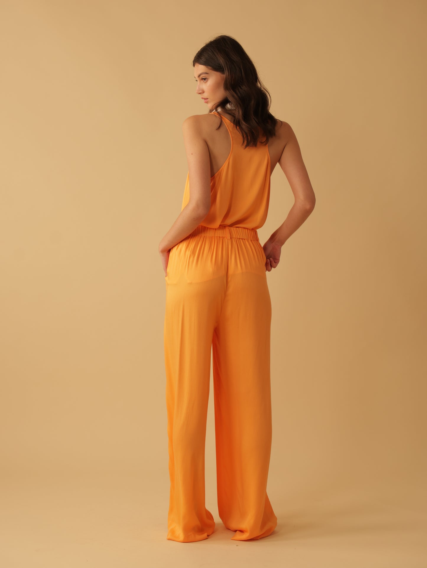 Fly Front Elastic Back Wide Leg Pants