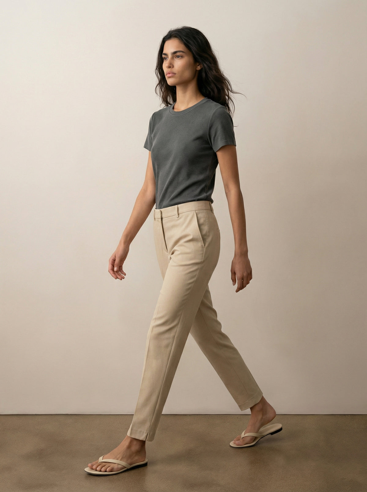 Woman wearing pull-on chinos with a boxy pocket tee