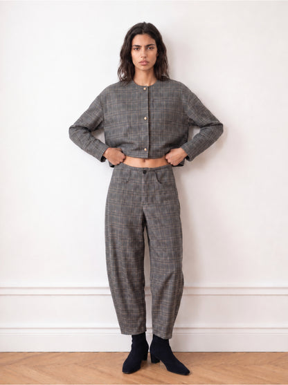 Checked barrel-leg trousers