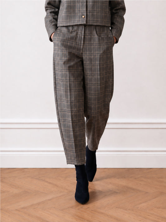 Checked barrel-leg trousers