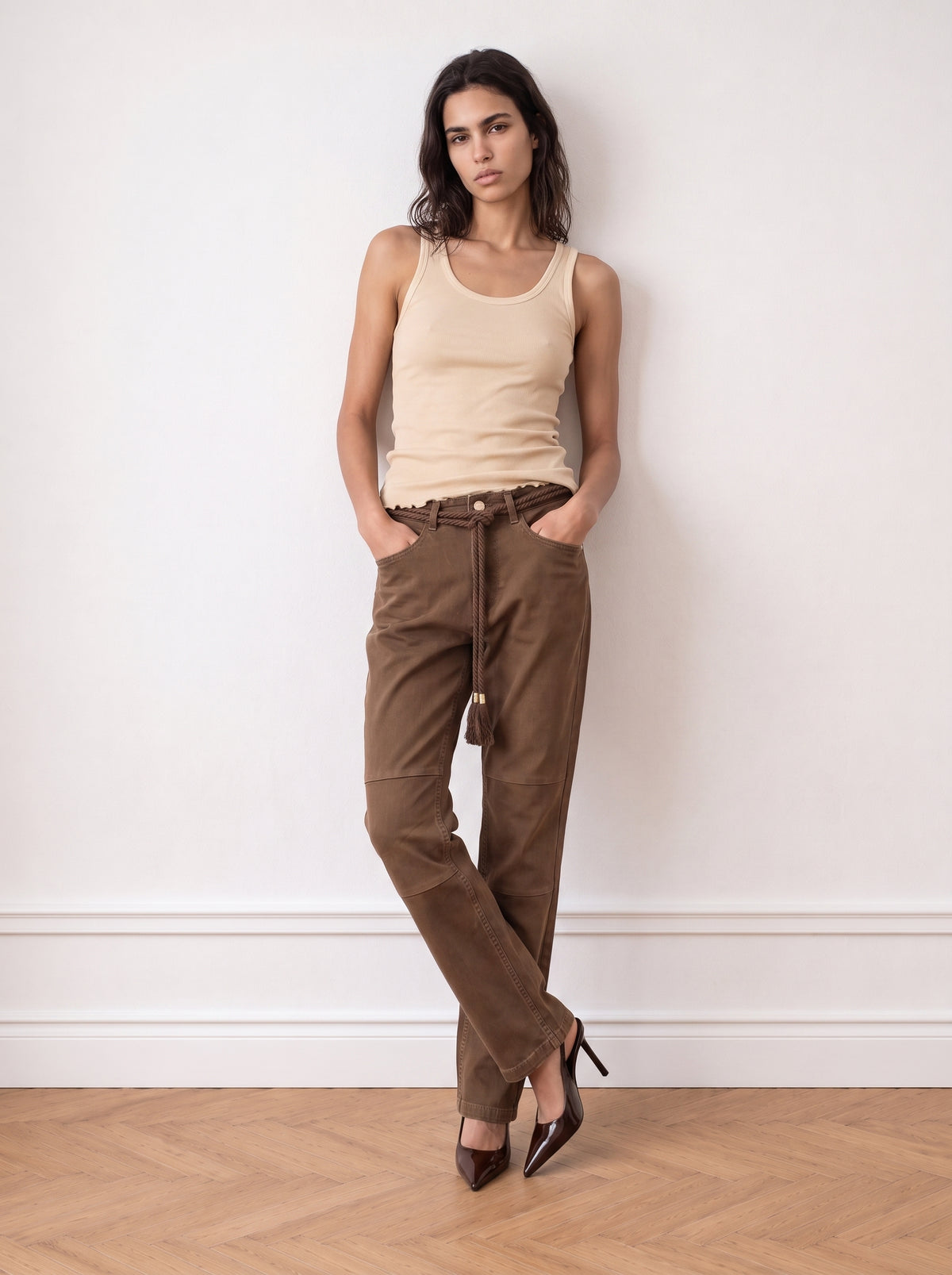 Non-denim trousers with a rope belt