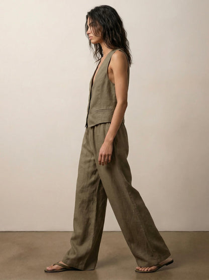 מכנסי פשתן רגל רחבה