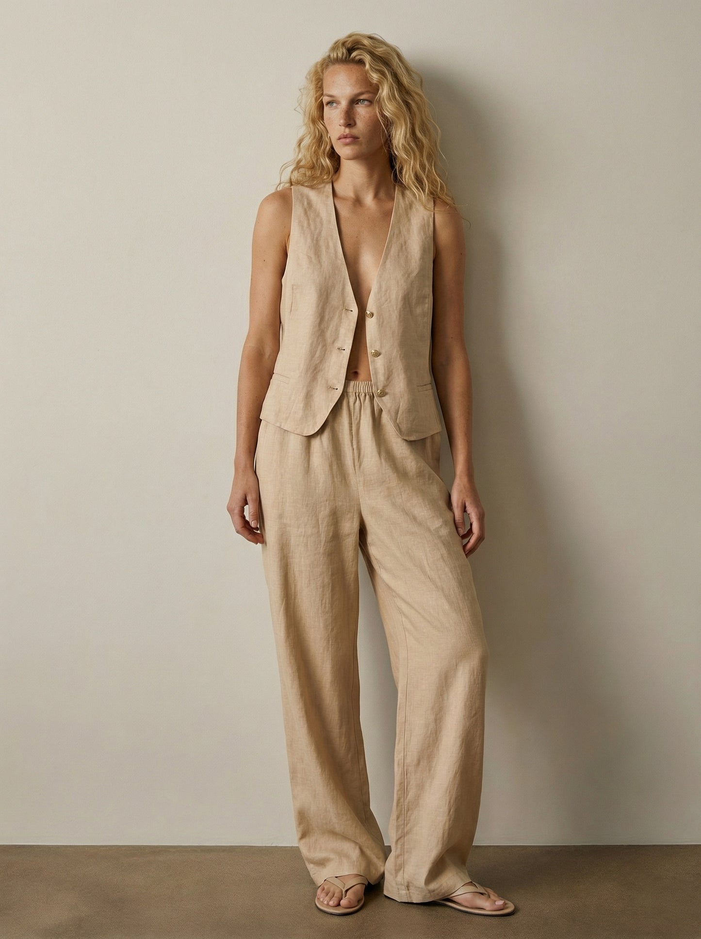 מכנסי פשתן רגל רחבה