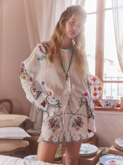 Embroidered linen shorts