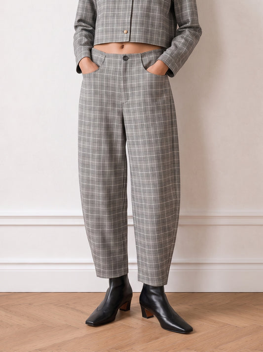 Checked barrel-leg trousers