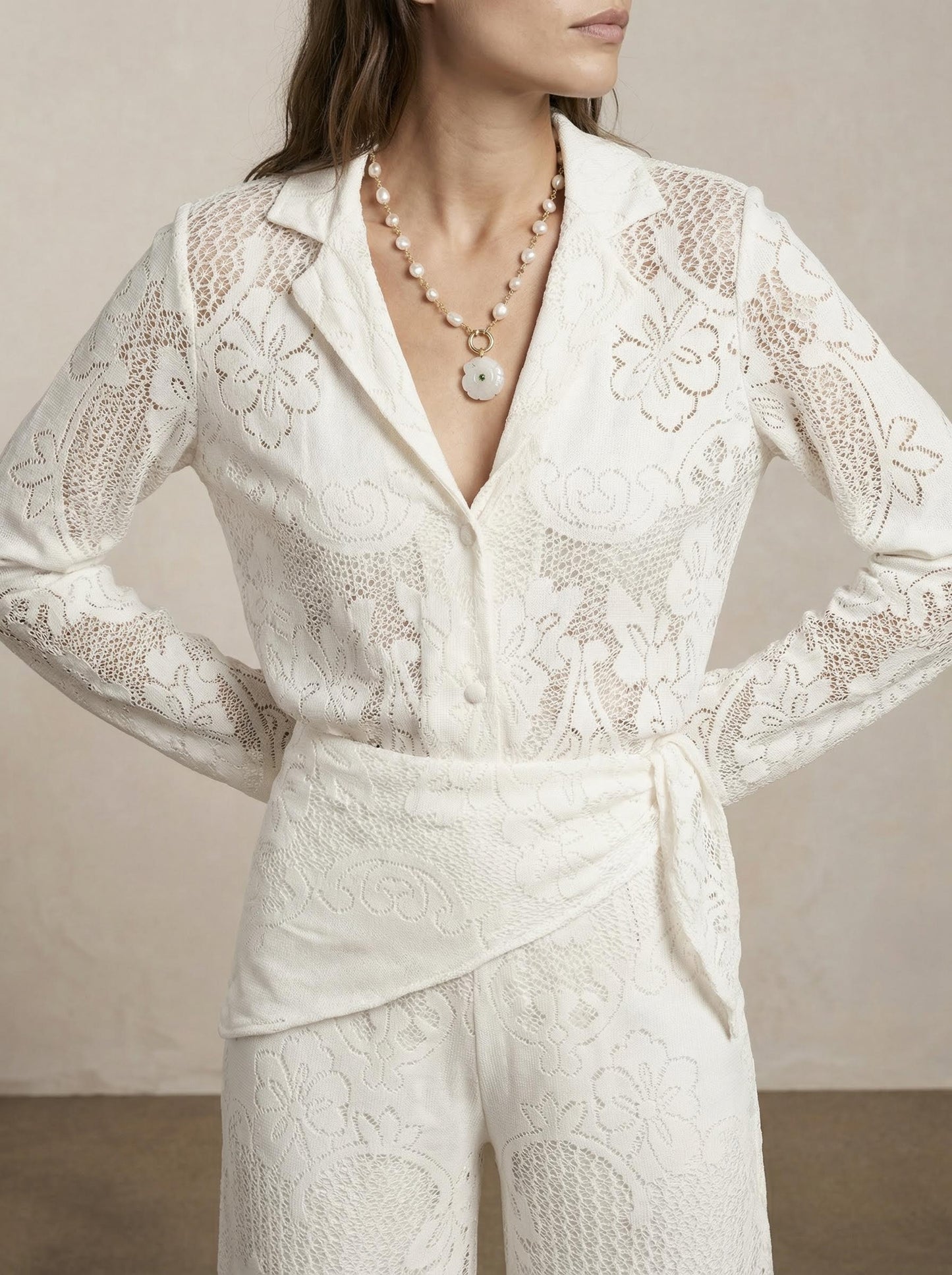 מכנס  תחרה רגל רחבה צעיף