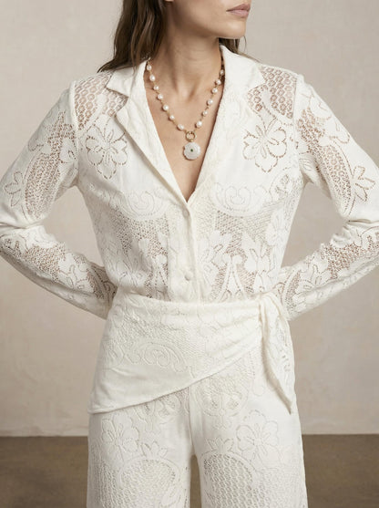 מכנס  תחרה רגל רחבה צעיף