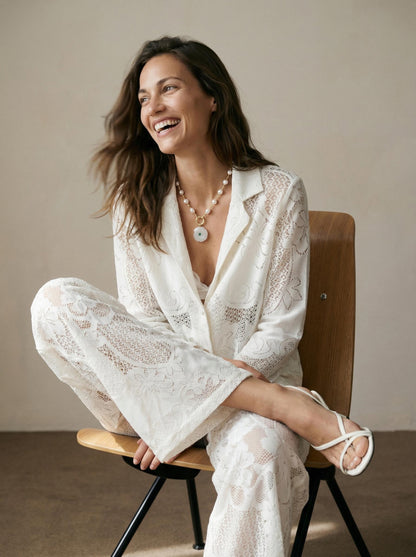 מכנס  תחרה רגל רחבה צעיף