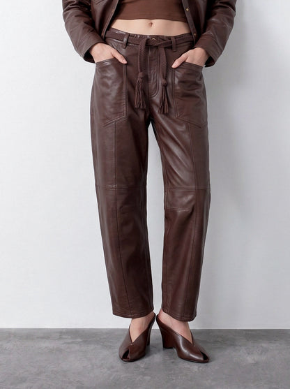 Belted barrel-leg leather trousers