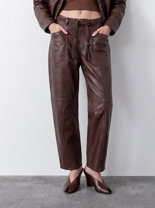 Belted barrel-leg leather trousers
