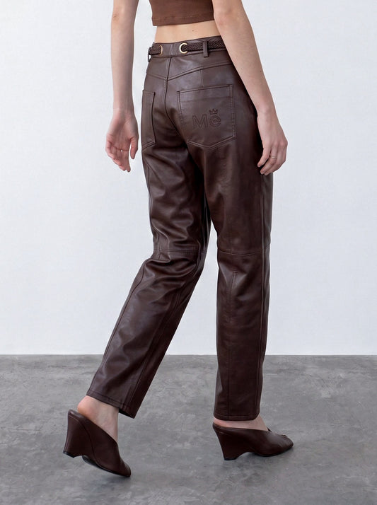 Belted barrel-leg leather trousers