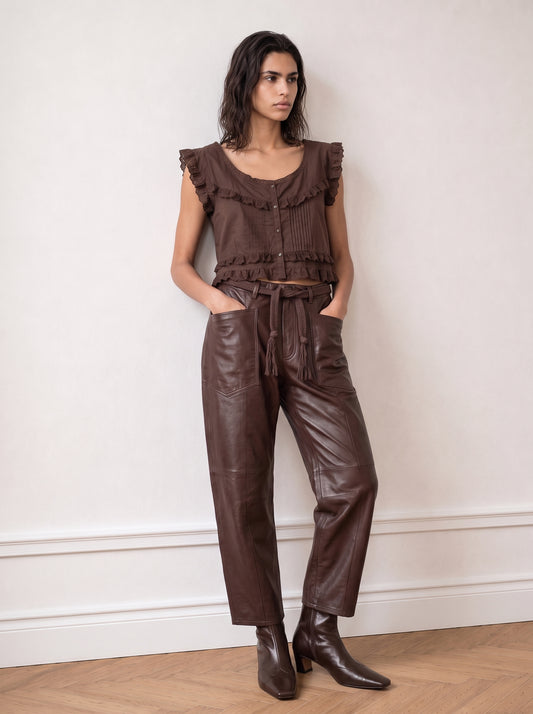 Belted barrel-leg leather trousers