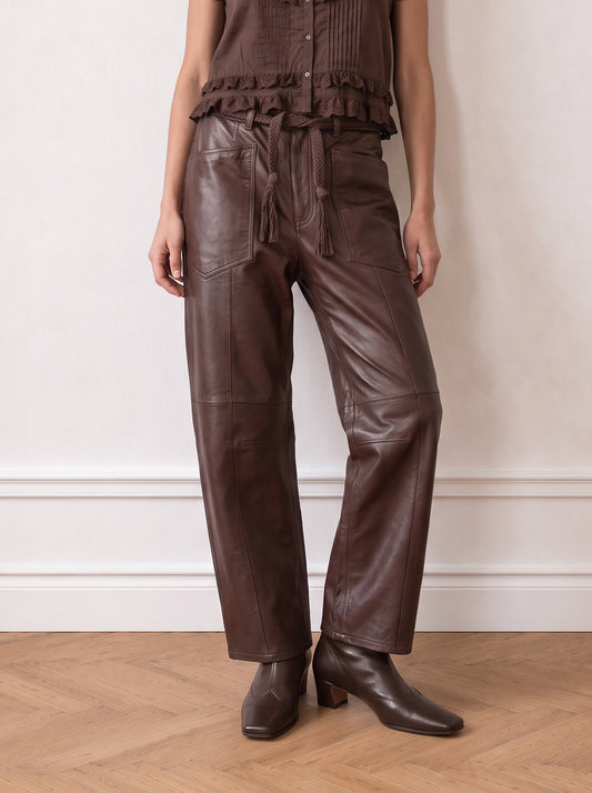 Belted barrel-leg leather trousers