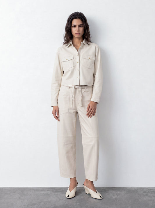 Belted barrel-leg leather trousers