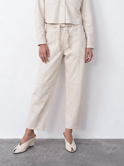 Belted barrel-leg leather trousers
