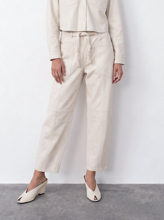Belted barrel-leg leather trousers