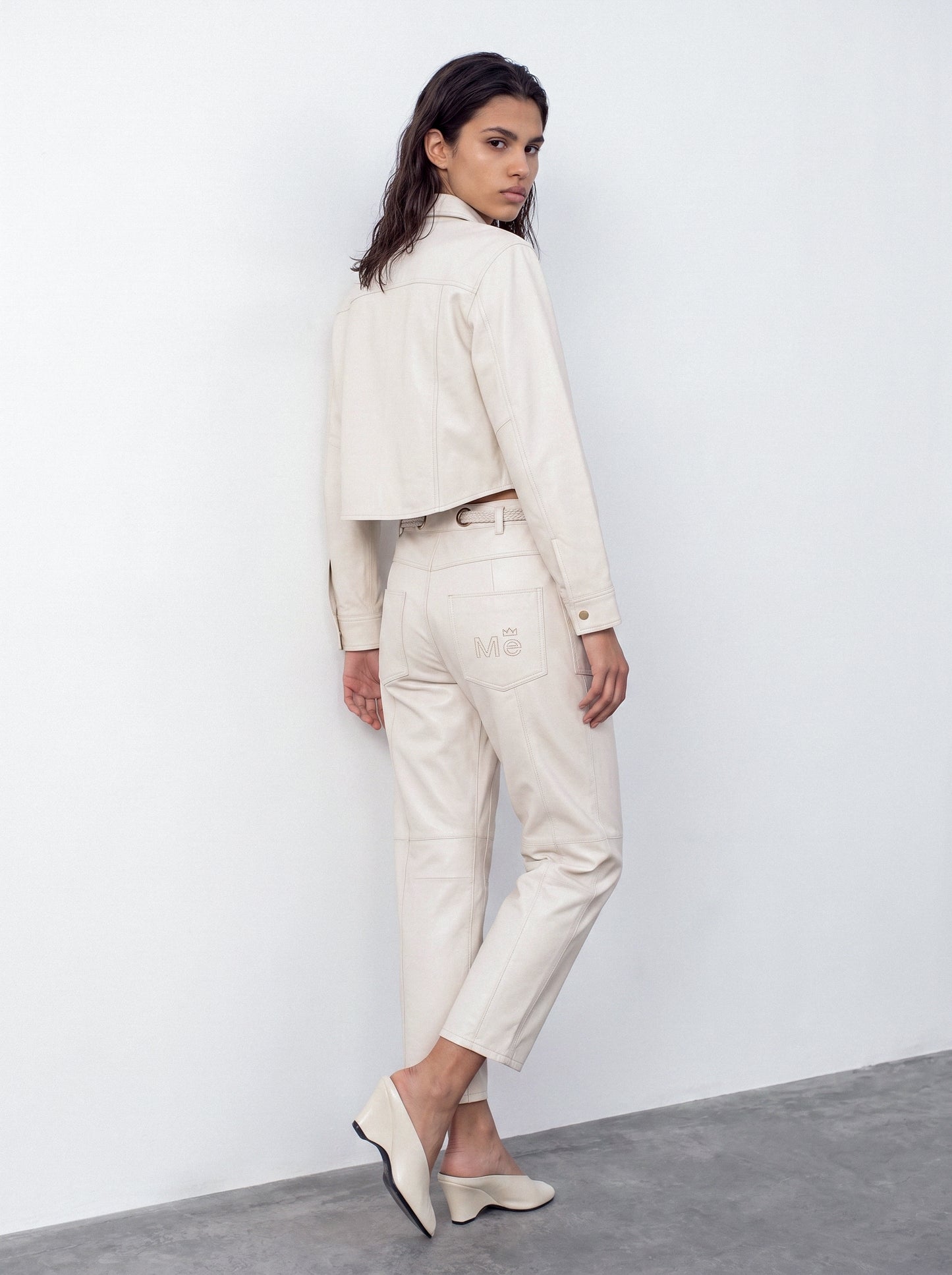 Belted barrel-leg leather trousers