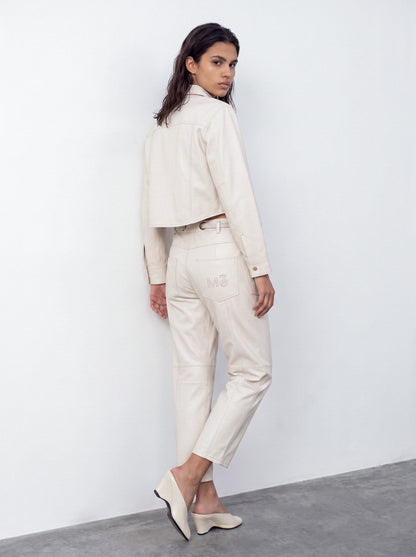 Belted barrel-leg leather trousers