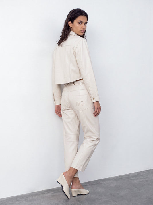 Belted barrel-leg leather trousers