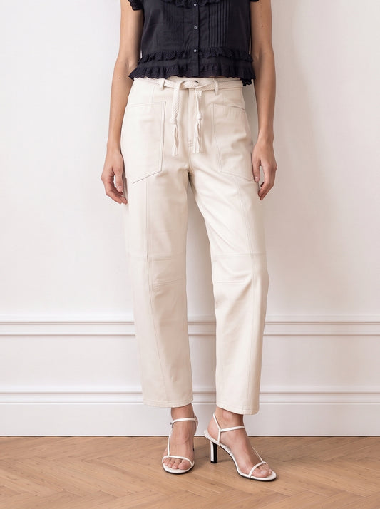 Belted barrel-leg leather trousers