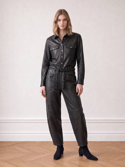 Belted barrel-leg leather trousers