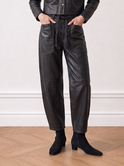 Belted barrel-leg leather trousers