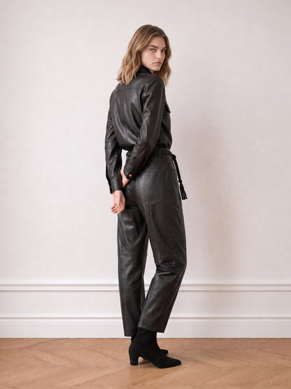 Belted barrel-leg leather trousers