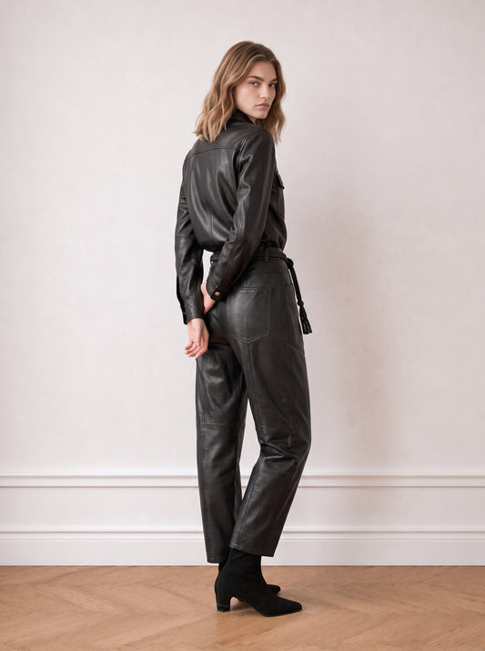 Belted barrel-leg leather trousers