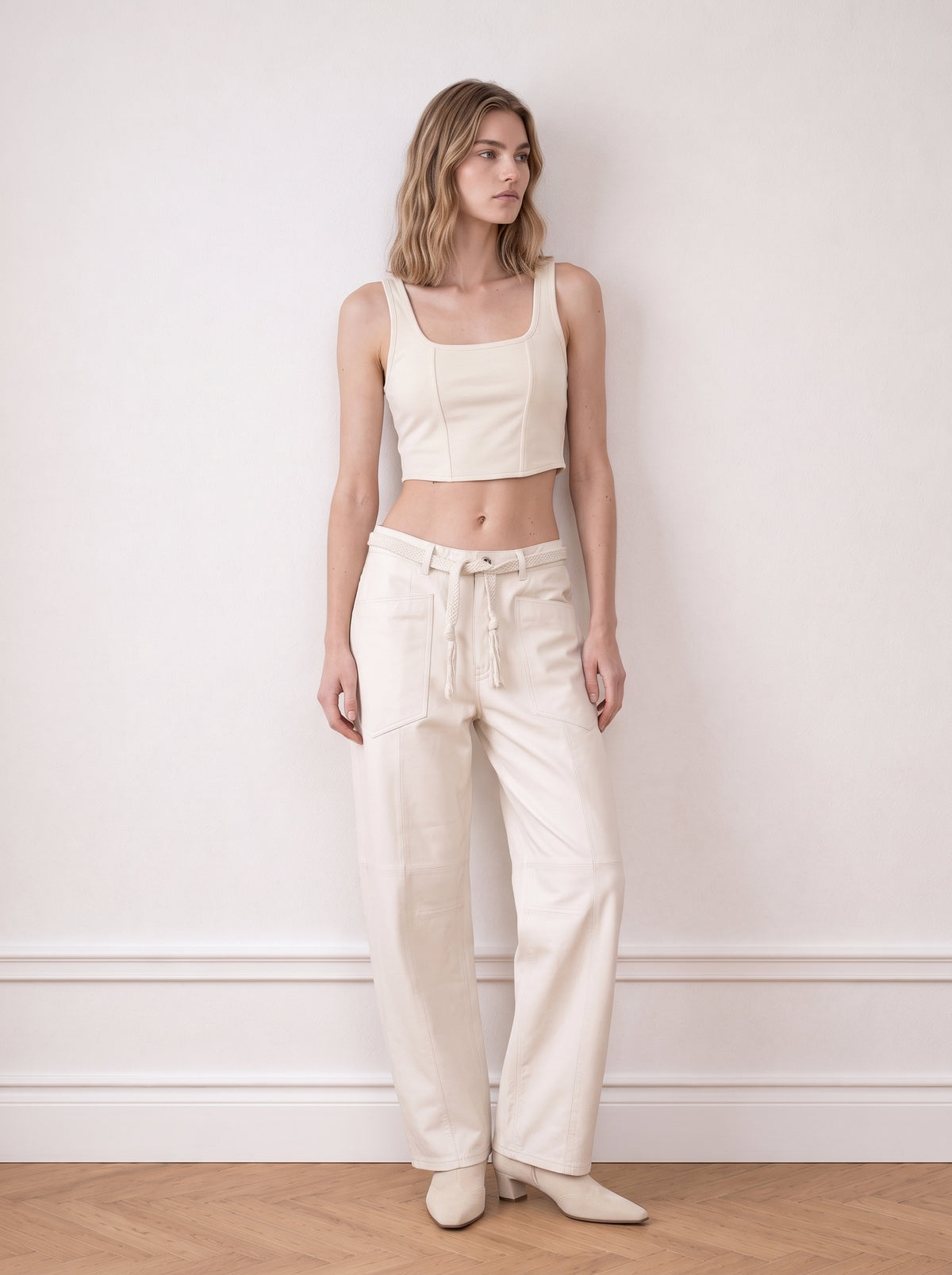 Belted barrel-leg leather trousers