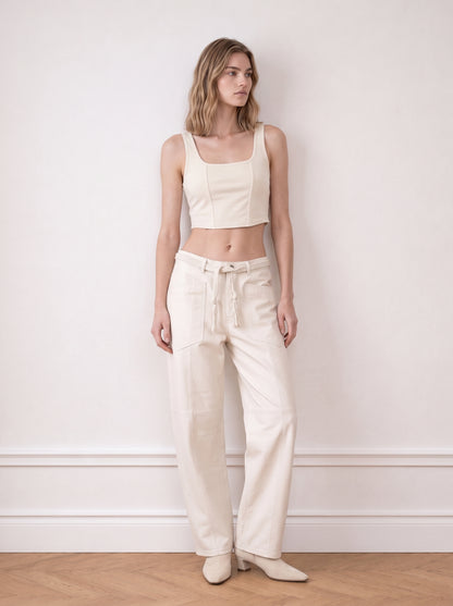 Belted barrel-leg leather trousers