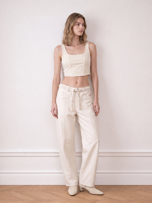 Belted barrel-leg leather trousers