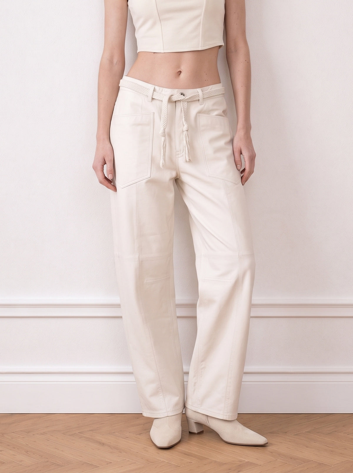 Belted barrel-leg leather trousers