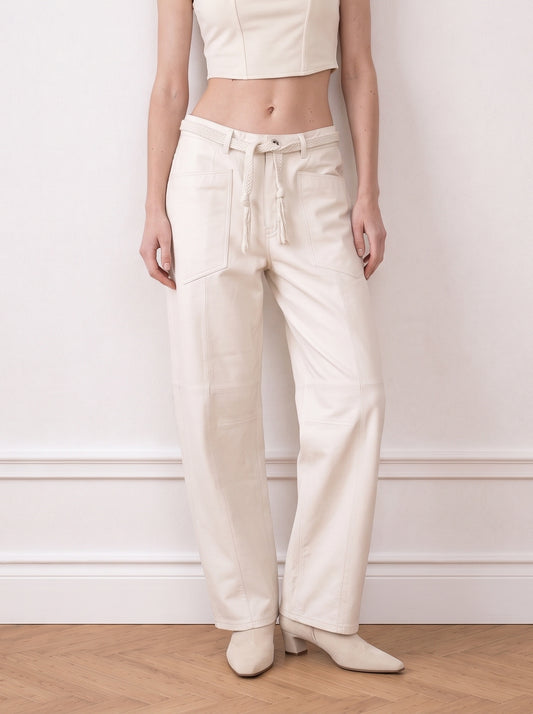 Belted barrel-leg leather trousers