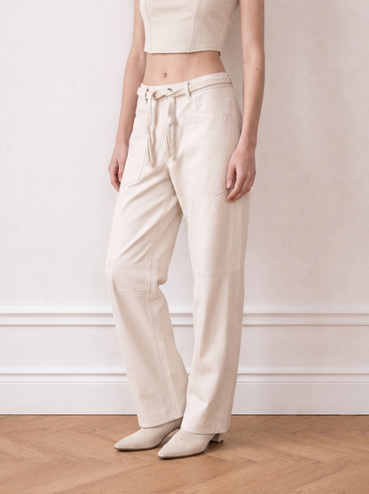 Belted barrel-leg leather trousers